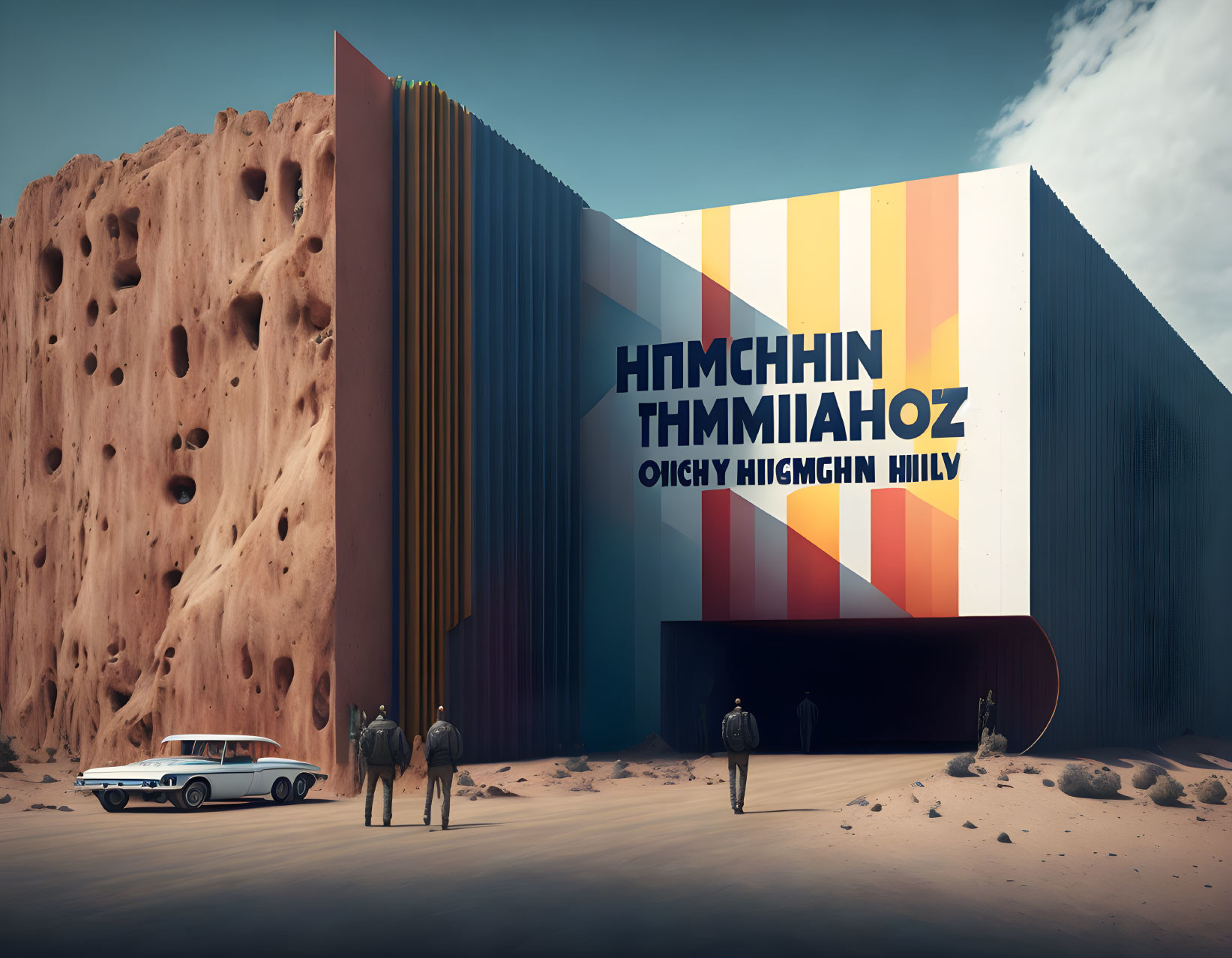 Modern structure with bold lettering in desert landscape with people and vintage car.