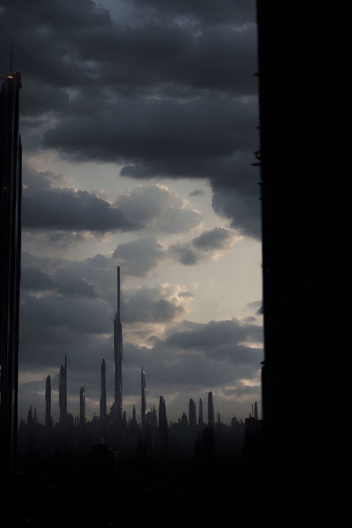 Futuristic city skyline silhouette with dramatic dusk sky and sunrays.