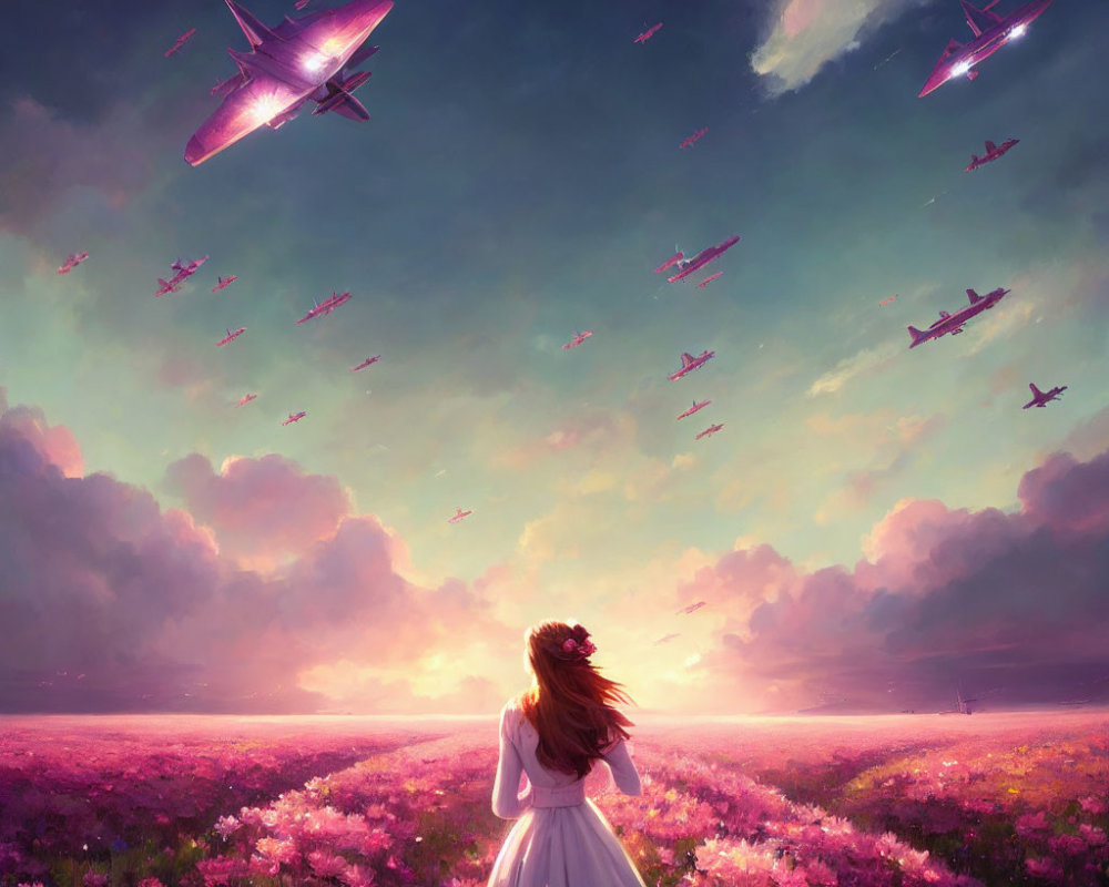 Girl in White Dress Standing in Flower Field with Glowing Airplanes