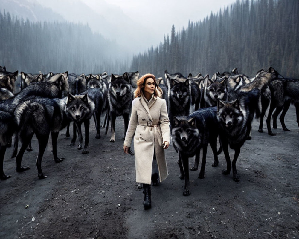 Woman in beige coat walking among pack of wolves in misty forest landscape