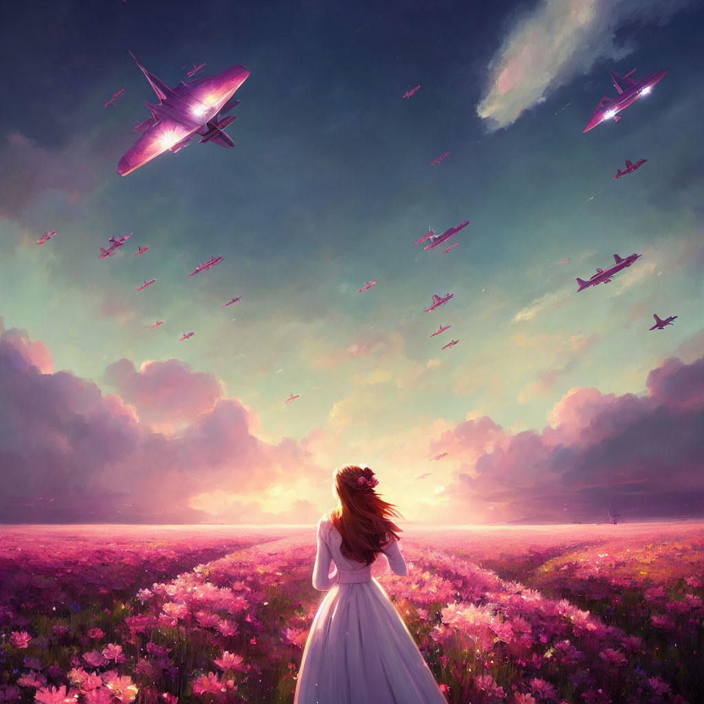 Girl in White Dress Standing in Flower Field with Glowing Airplanes