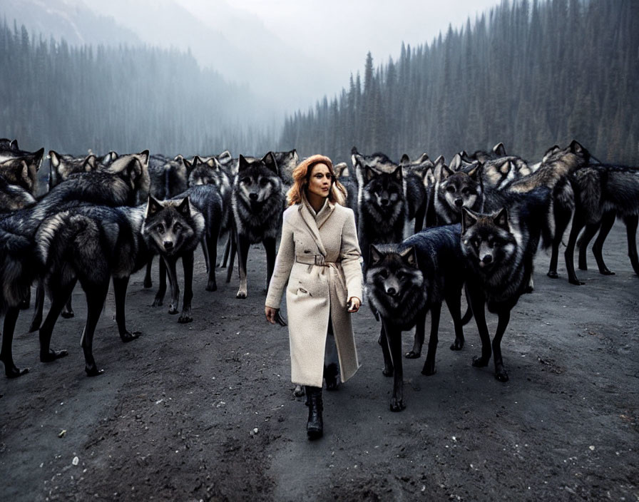 Woman in beige coat walking among pack of wolves in misty forest landscape