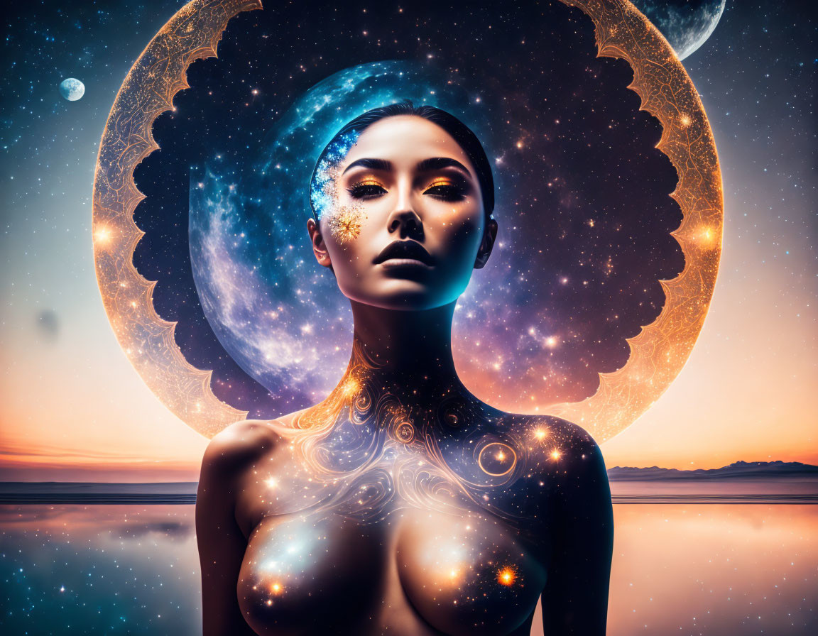 Surreal portrait of a woman with galaxies and stars on skin