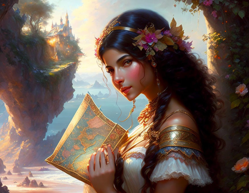 Woman with flower crown holding map in fantastical landscape with castle.