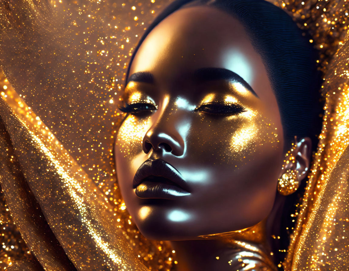 Woman covered in golden glitter wrapped in shimmering fabric