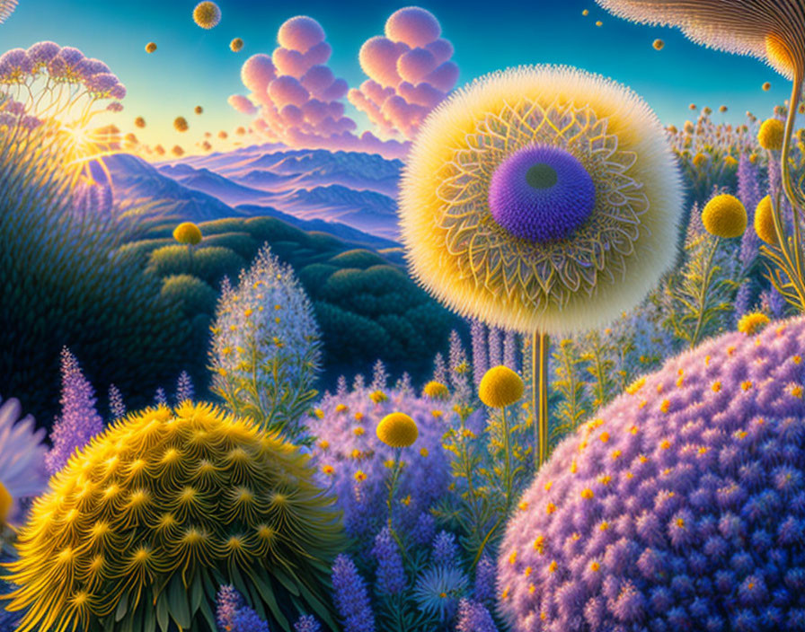 Colorful digital artwork of oversized flowers in a fantastical landscape