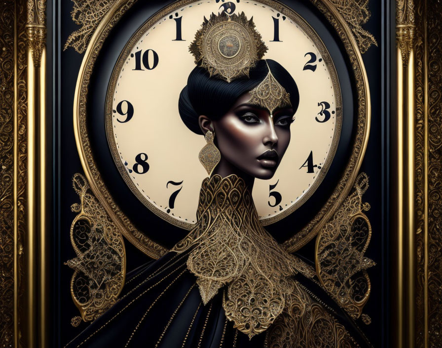 Illustration of woman with stylized makeup merging with clock elements on dark golden background