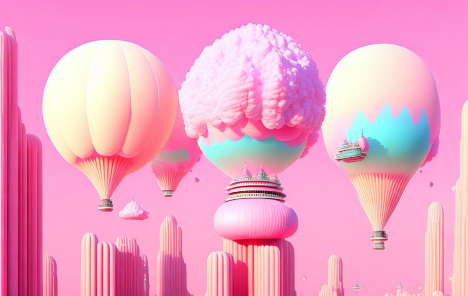 Pastel hot air balloons in surreal brain landscape