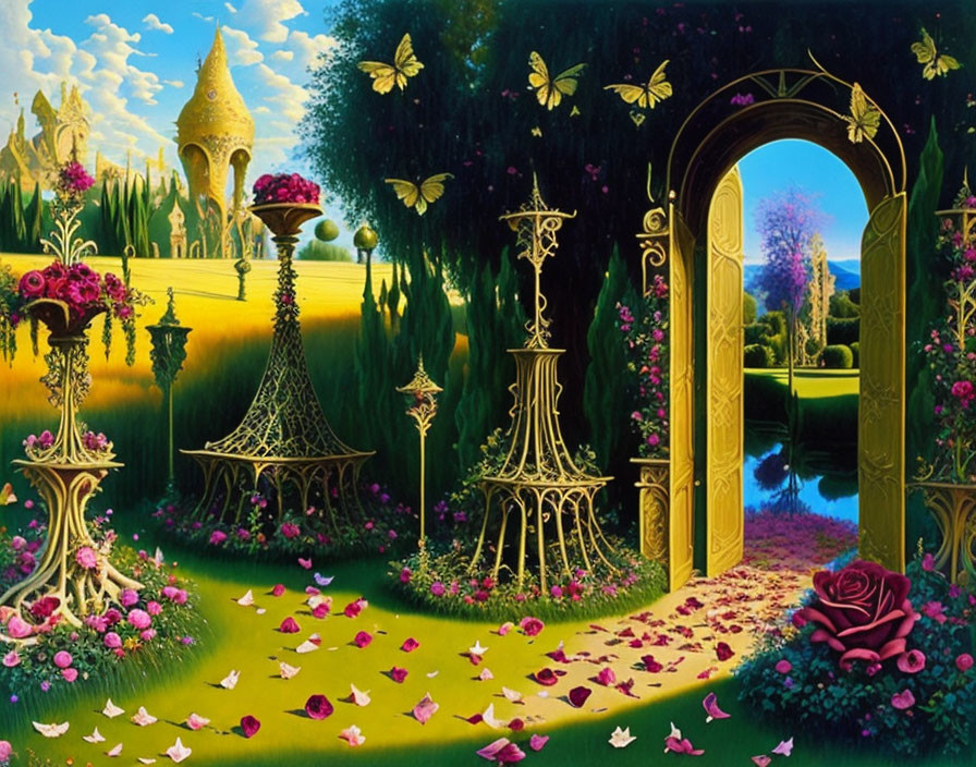 Vibrant fantasy garden with golden gate, pink roses, greenery, ornate lamps, and