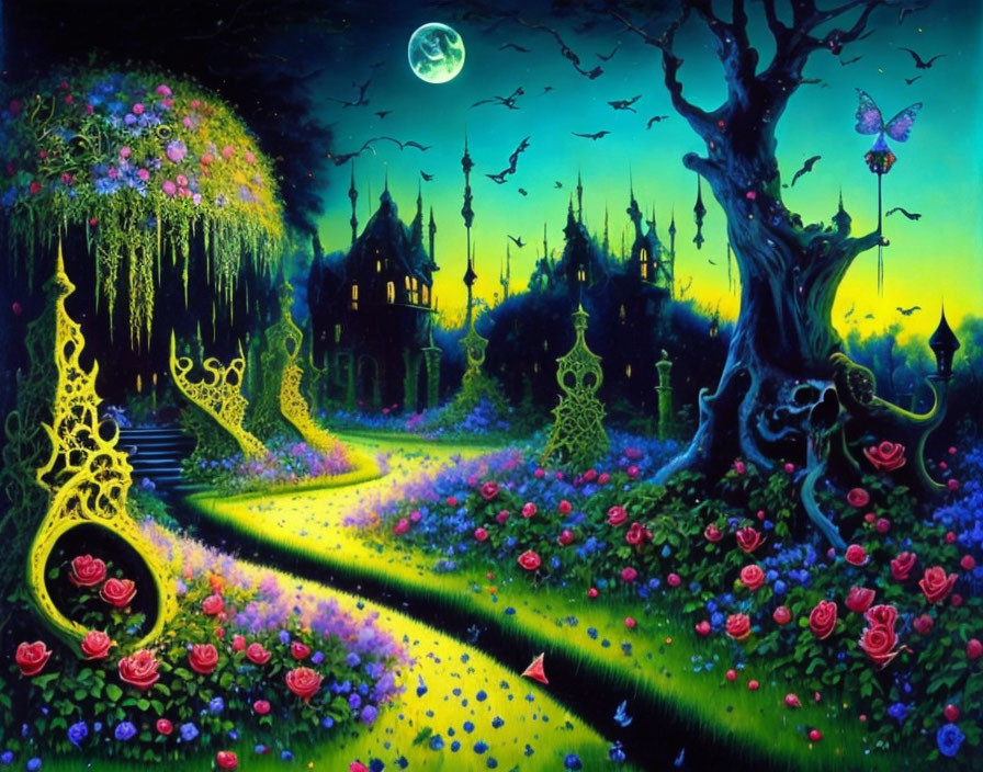 Fantasy landscape at night: moonlit path, colorful flowers, whimsical trees, illuminated castle structures