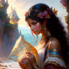 Woman with flower crown holding map in fantastical landscape with castle.