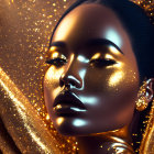 Woman covered in golden glitter wrapped in shimmering fabric