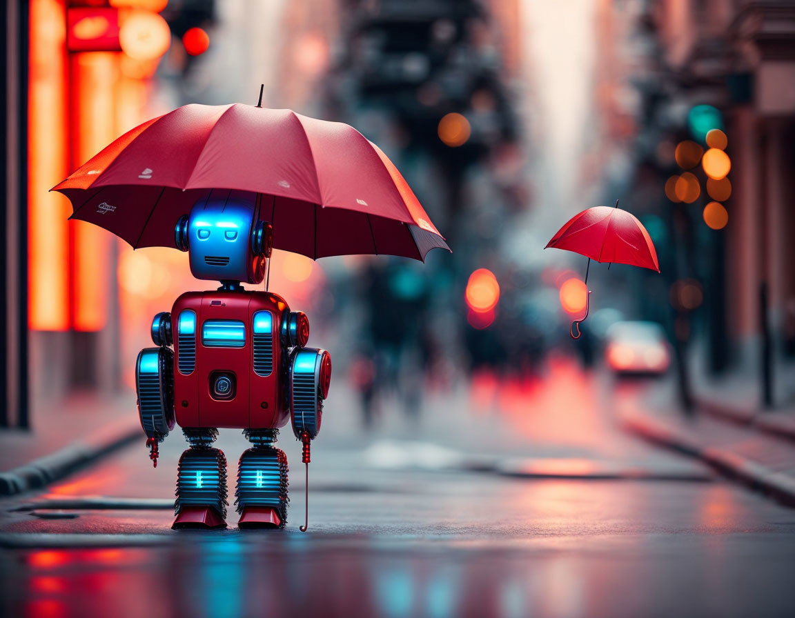 Robot with Red Umbrella Walking on City Street in Moody Lighting