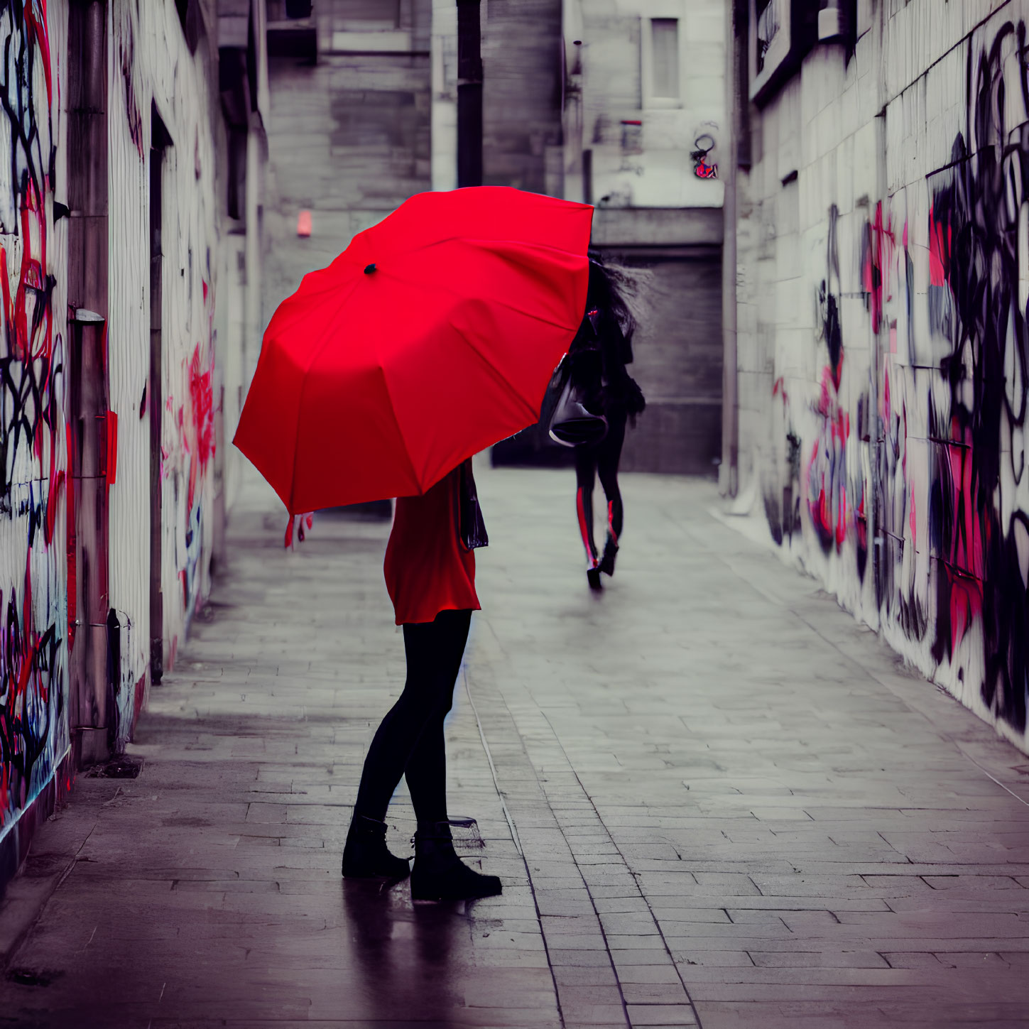 Vibrant red umbrella in urban alleyway with graffiti