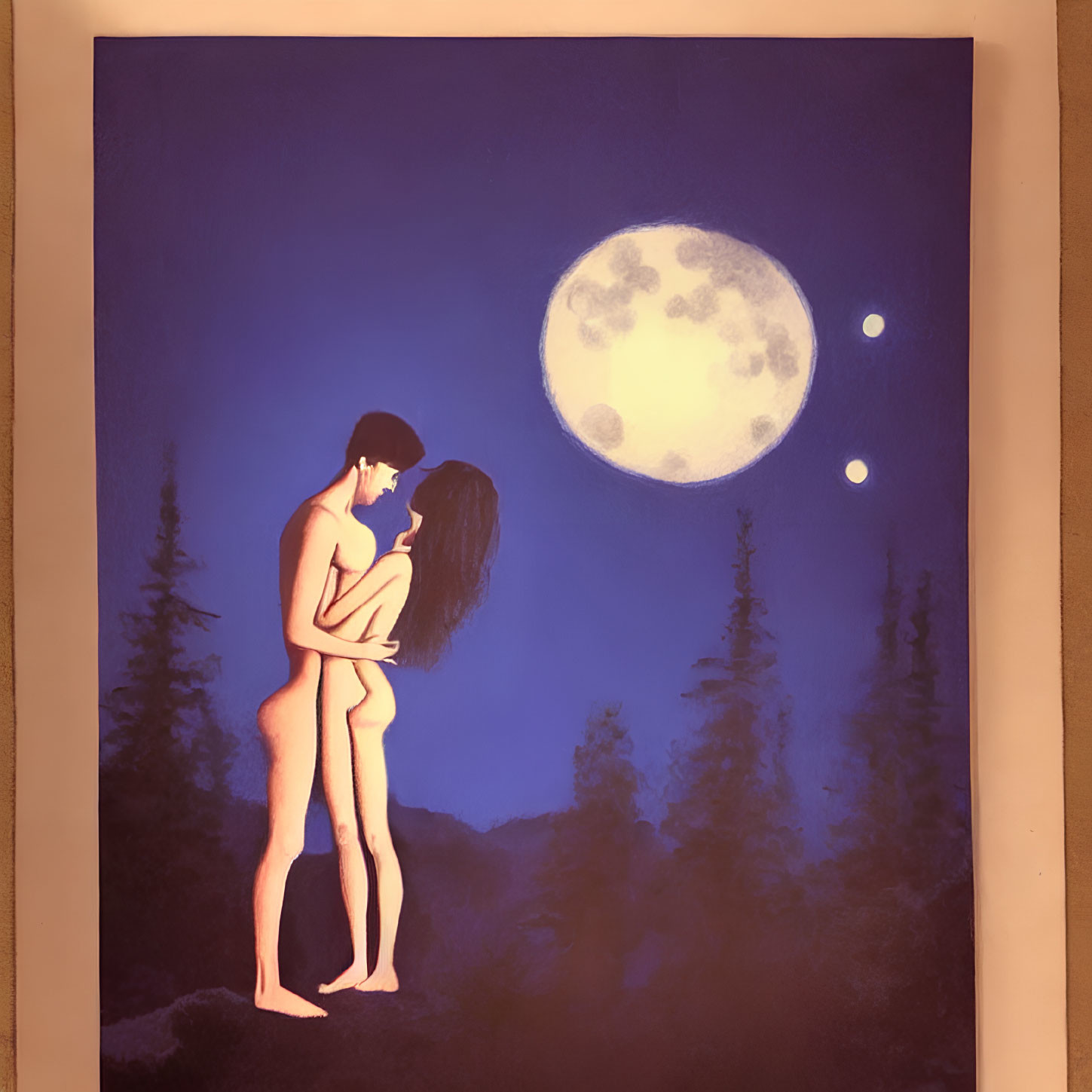 Couple embracing under moonlit sky with tree silhouettes