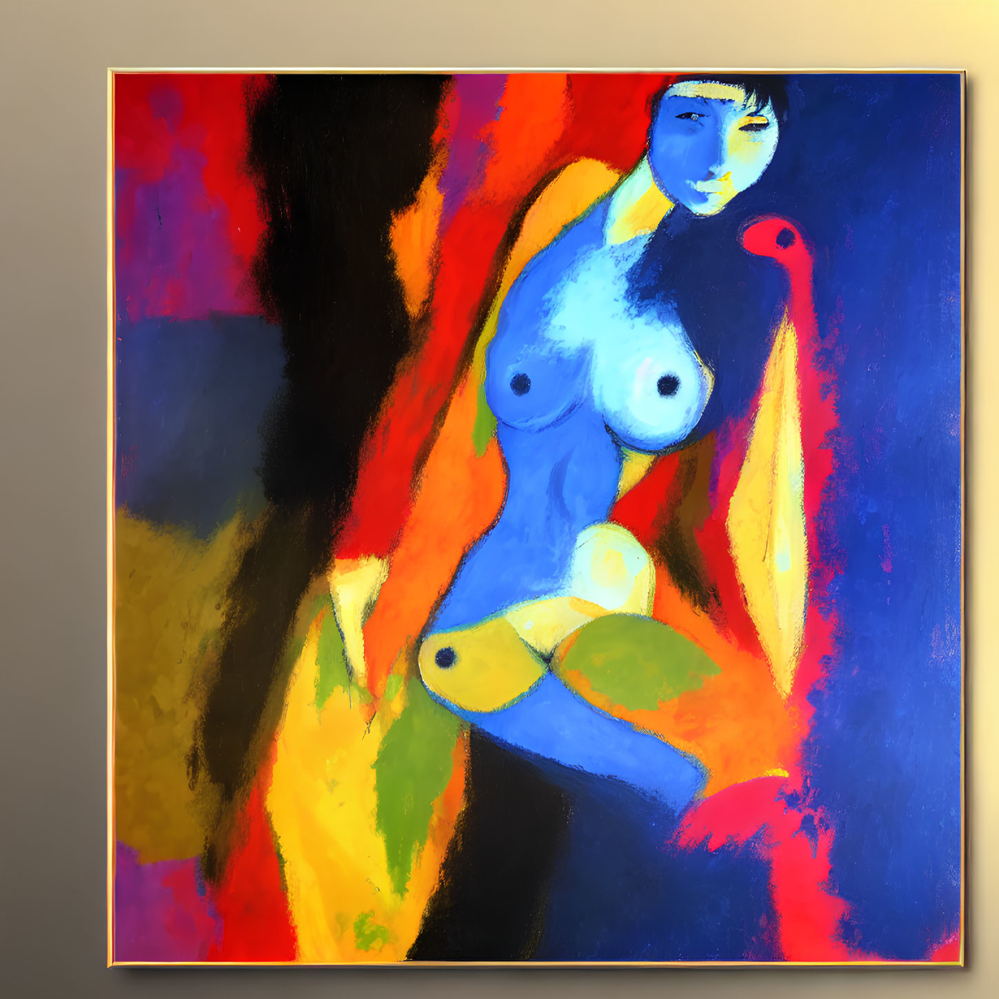 Vibrant abstract painting of blue human figure with yellow, red, and orange colors