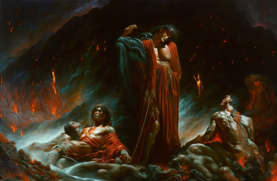 Dramatic painting of three figures engulfed in flames