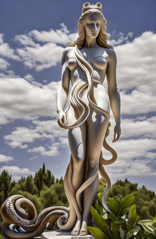 Serpent-themed woman statue under cloudy sky with foliage