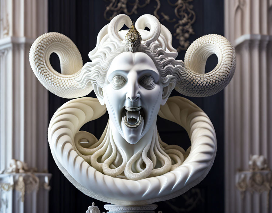 Surreal sculpture with medusa-like features, ram horns, open mouth, and peacock feather