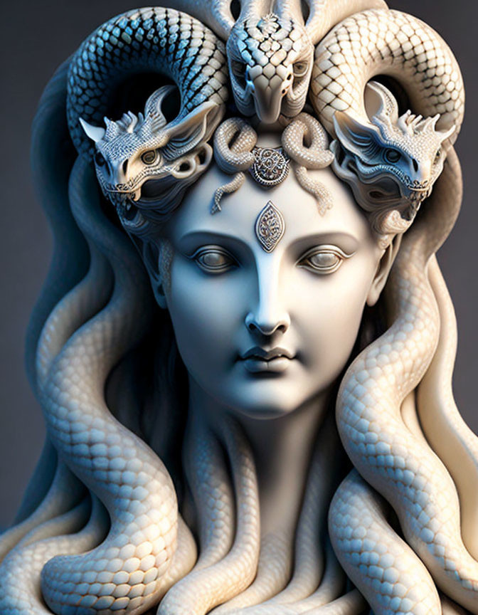 Medusa Artistic Representation with Serene Expression and Snake Hair in Grey Scale