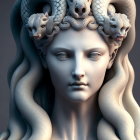 Medusa Artistic Representation with Serene Expression and Snake Hair in Grey Scale