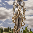 Serpent-themed woman statue under cloudy sky with foliage