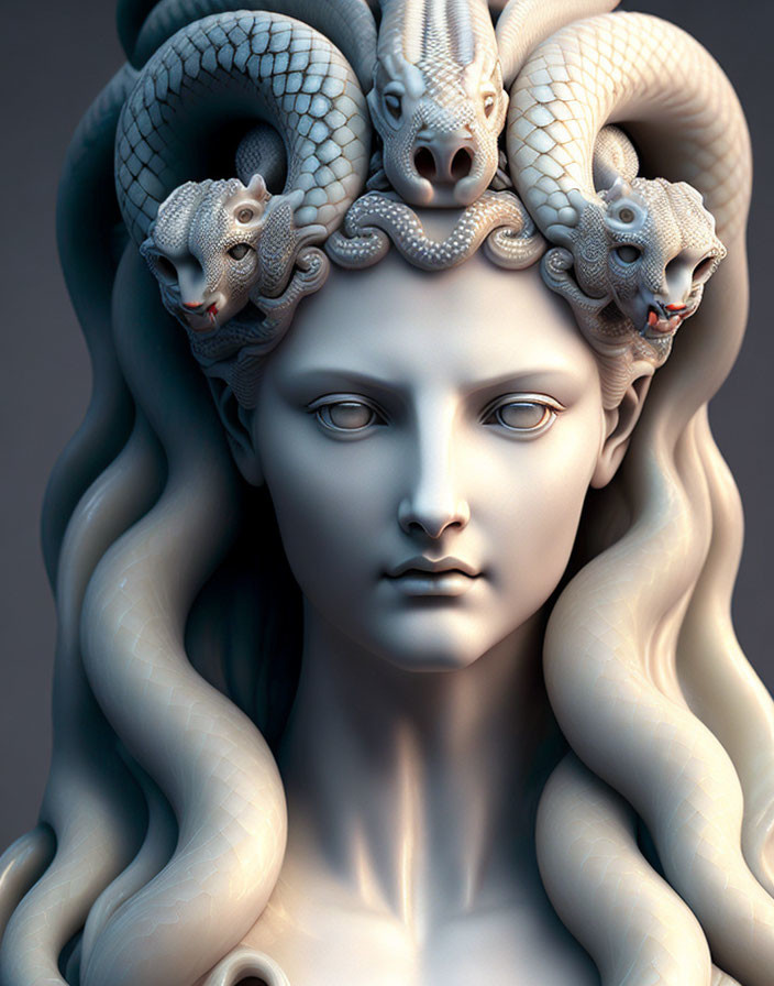 Serpentine crown on serene Medusa: 3D rendering