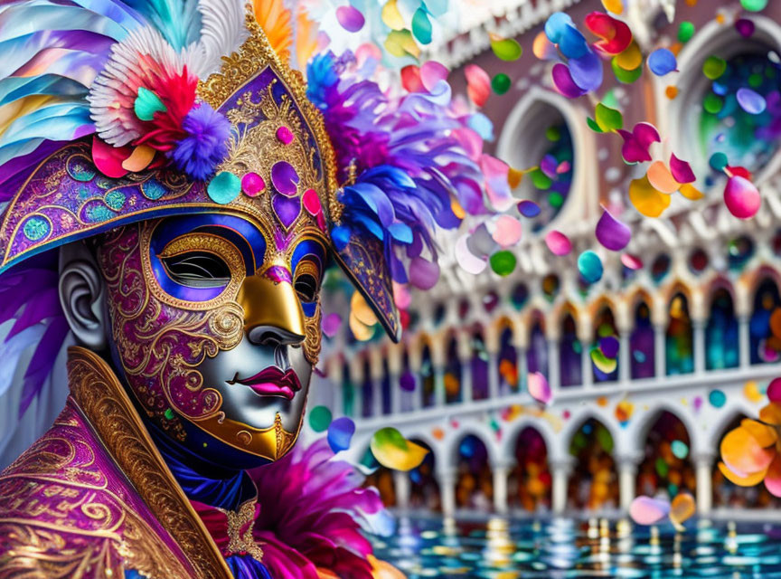 Colorful Venetian mask with feathers and intricate designs on blurred background.