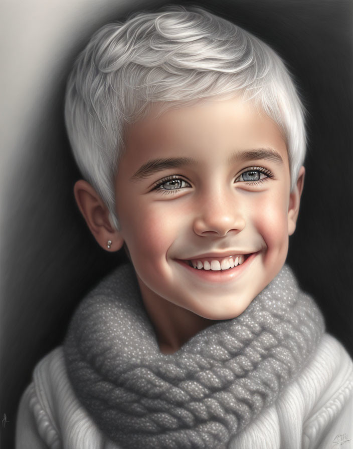 Smiling child with white hair in cozy gray scarf