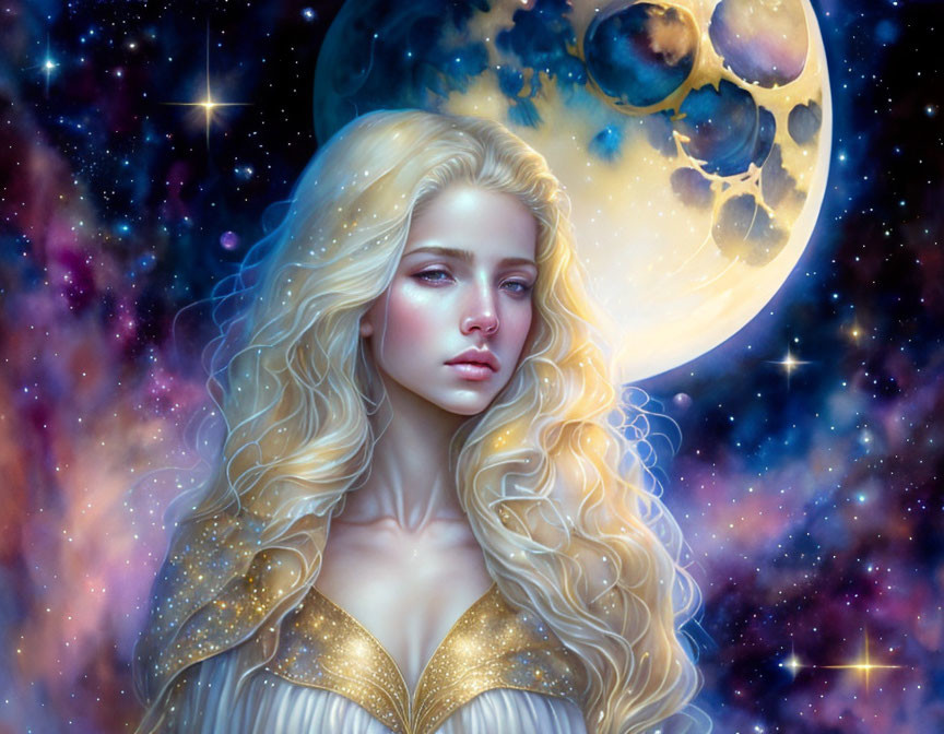 Digital artwork: Woman with golden hair in cosmic setting