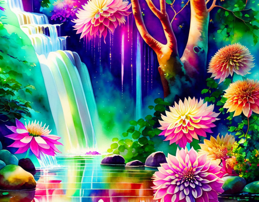 Colorful digital artwork featuring surreal landscape with waterfall and exotic flowers