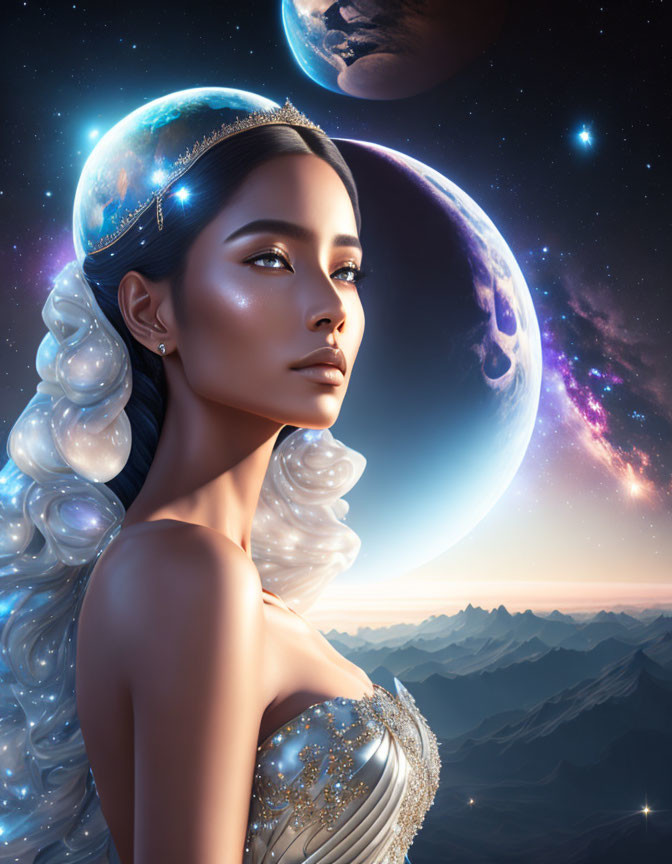 Woman's surreal portrait with cosmic theme and luminous halo.