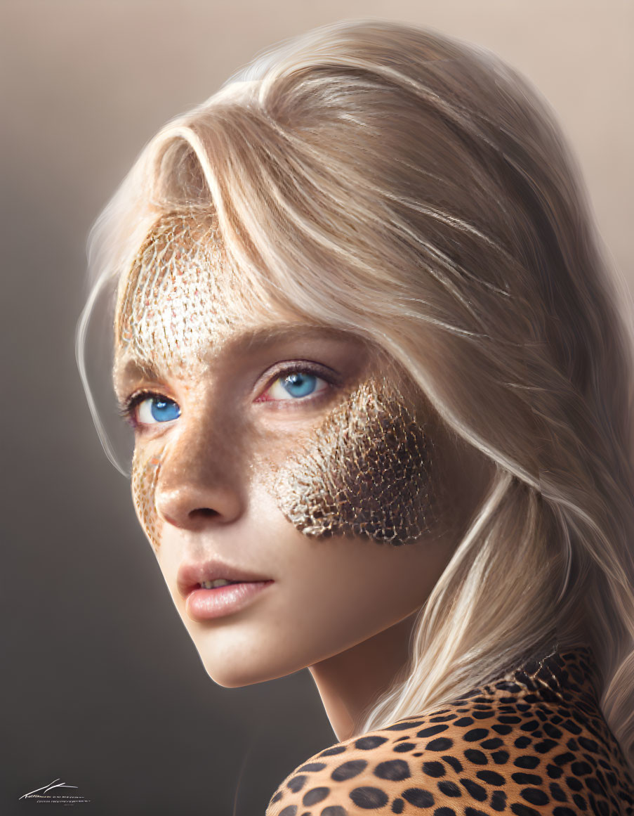 Blonde Woman with Blue Eyes and Scale-like Texture in Leopard Print Outfit