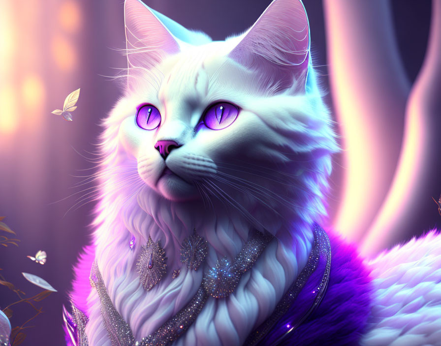 White Cat with Purple Eyes in Mystical Environment with Butterflies