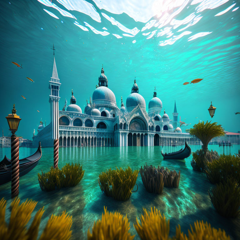 Submerged Venice with iconic architecture and marine life