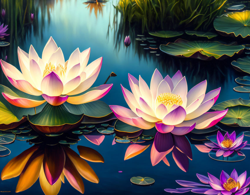 Pink and White Lotus Flowers Blooming on Blue Water with Lily Pads