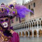 Colorful Venetian mask with feathers and intricate designs on blurred background.