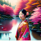 Traditional Japanese kimono woman by serene lake with koi fish and pink trees