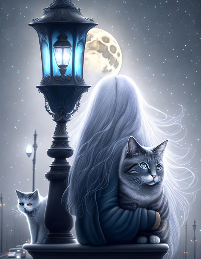 Woman with long white hair under moonlit sky with two ethereal cats