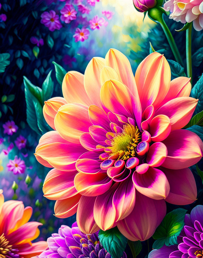 Colorful digital artwork: Large yellow and pink dahlia with dewdrops on petals, surrounded by