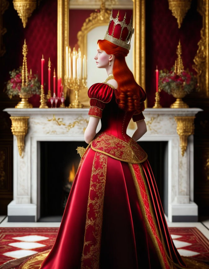 Regal animated queen in red gown by fireplace