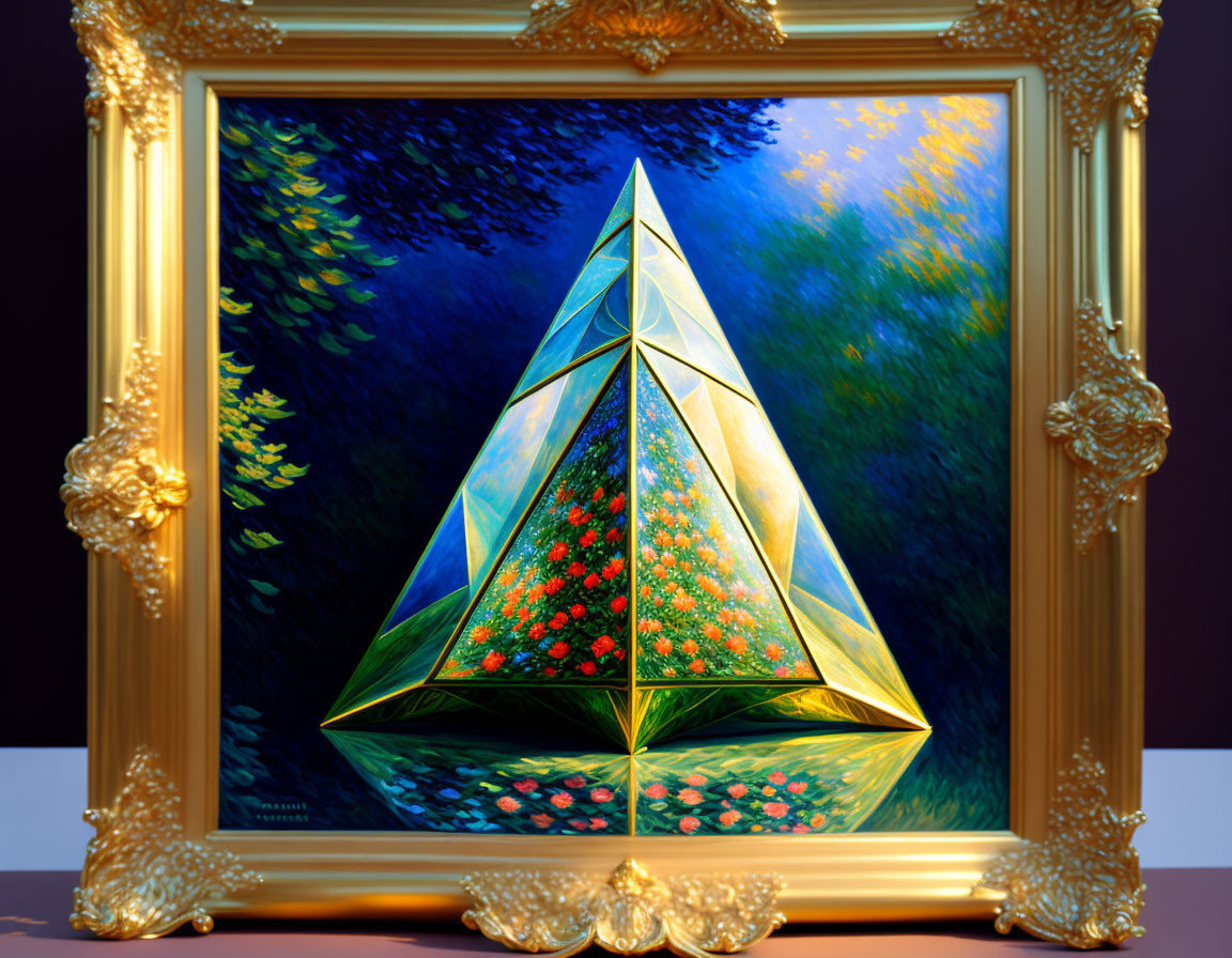 Golden frame surrounds vibrant pyramid painting in floral landscape