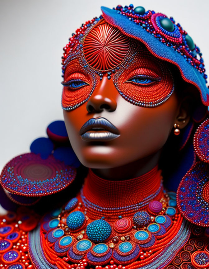 Elaborate Red and Blue Beadwork on Person's Face and Headpiece