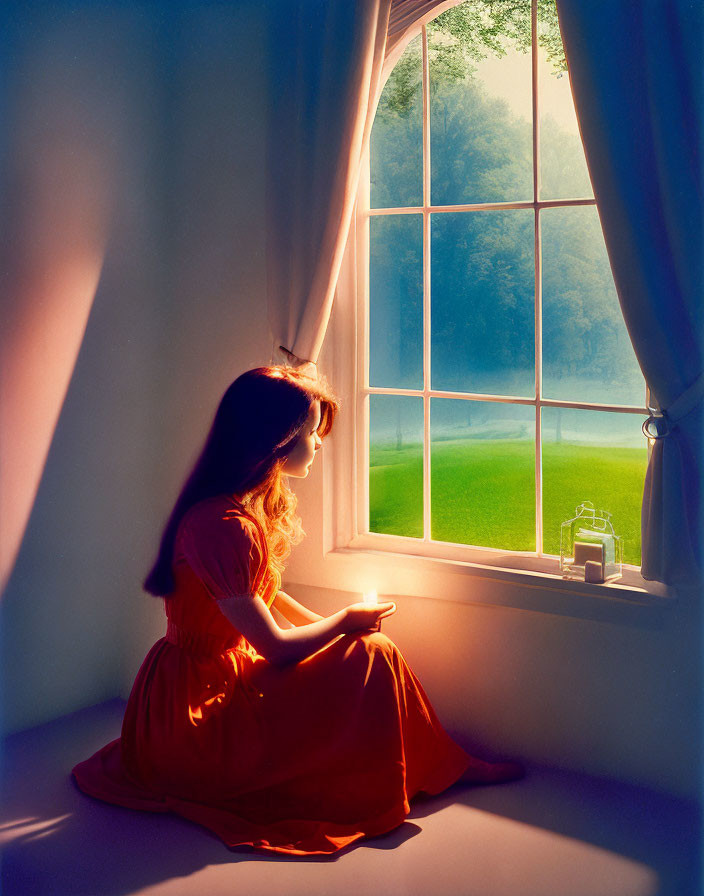 Girl in Orange Dress Sitting by Window in Sunlight overlooking Green Landscape