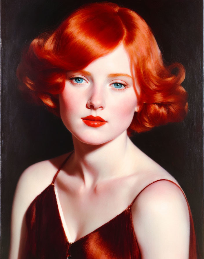 Vibrant Red-Haired Woman in Red Dress with Blue Eyes