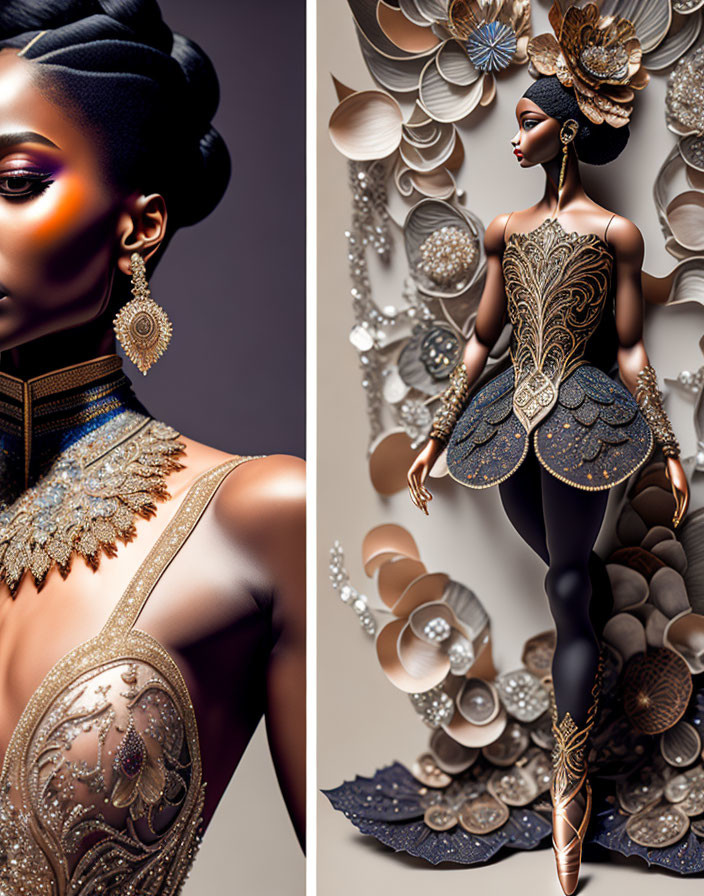 Woman with golden makeup and butterfly-inspired attire in artful image