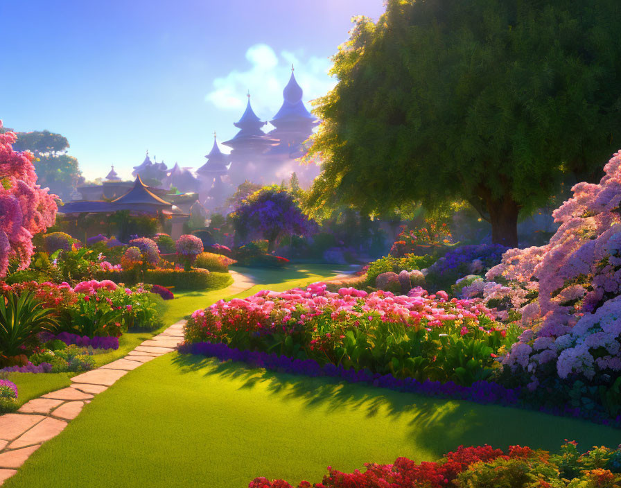 Lush garden with colorful flowers and castle pathway