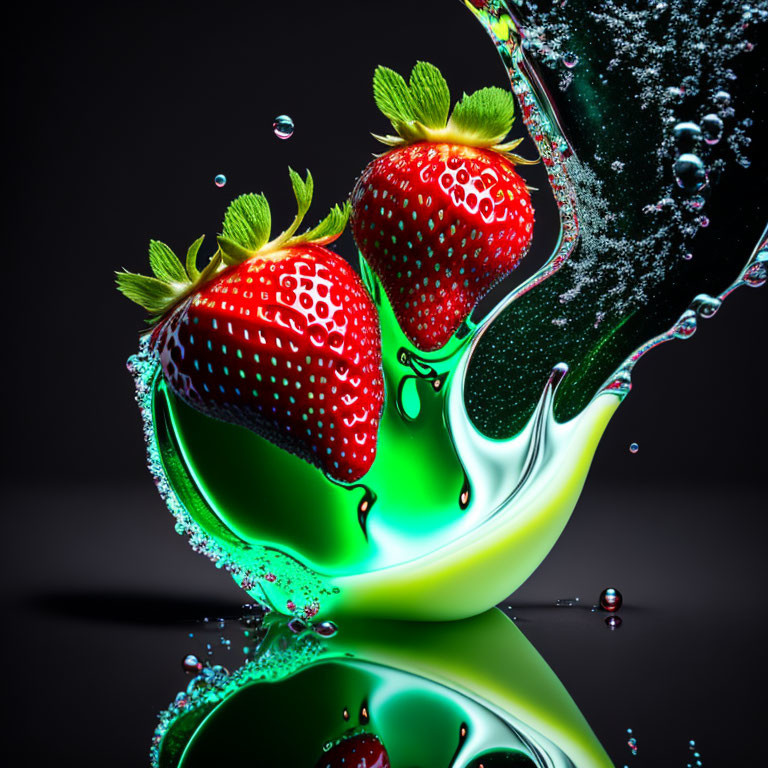 Fresh strawberries dropping into green liquid with scattered droplets on dark background