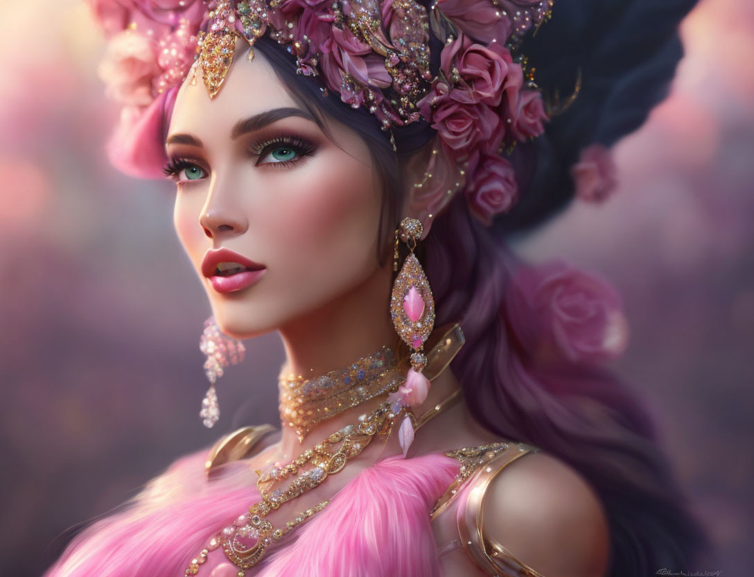 Digital portrait: Woman with pink hair, floral headpiece, gold and pink jewelry on soft purpl