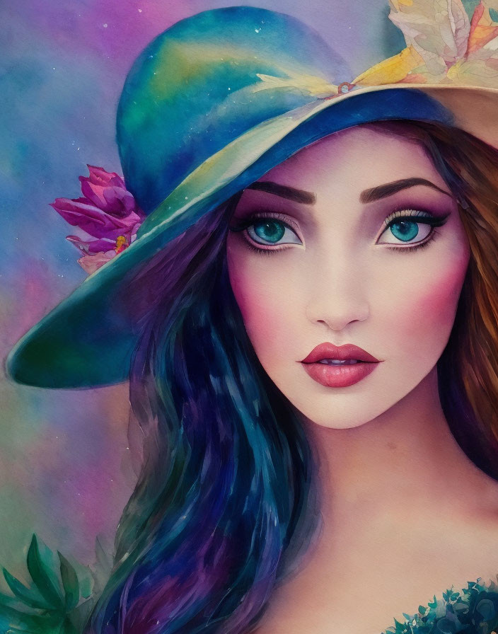 Portrait of woman with multi-colored hair and blue eyes in floral hat